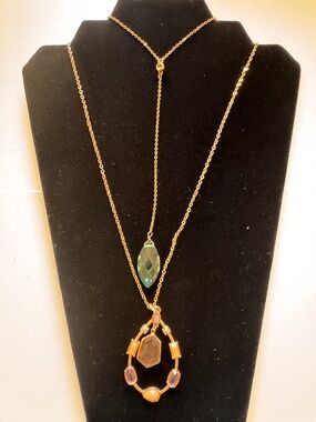 Gold Tone Necklace Set 2 pcs Layered Pendant Green Orange Statement Fashion